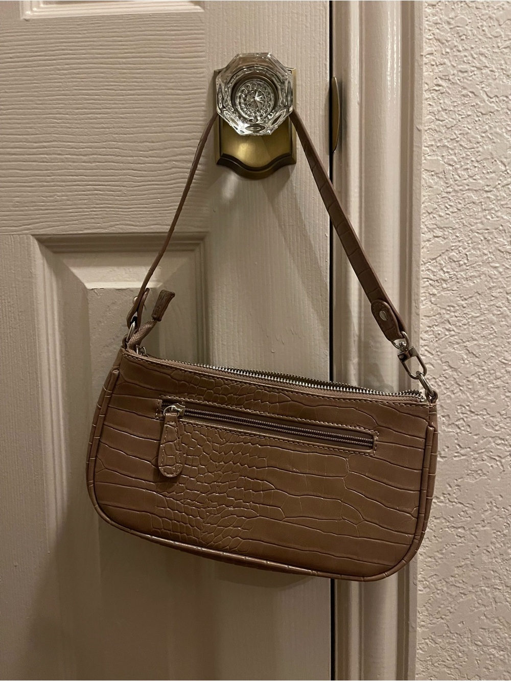 Brown Croc-Embossed Shoulder Bag